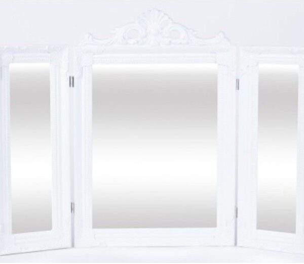 Balts galda spogulis ar dekoratīvām malām.